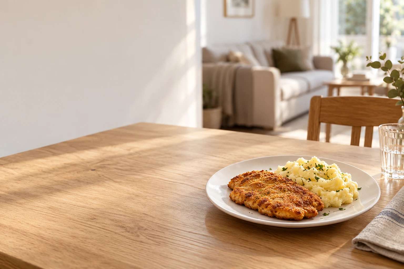 Un plato completo de milanesa y puré en la mesa de una casa. Imagen ilustrativa.