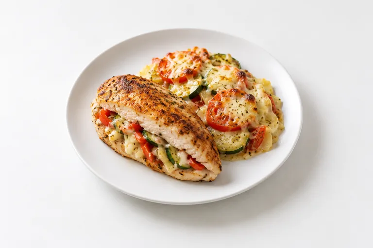 Pechuga rellena con verduras gratinadas. Sugerencia ilustrativa de presentación en plato.