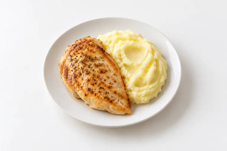 Presa de pollo con puré. Sugerencia ilustrativa de presentación en plato.