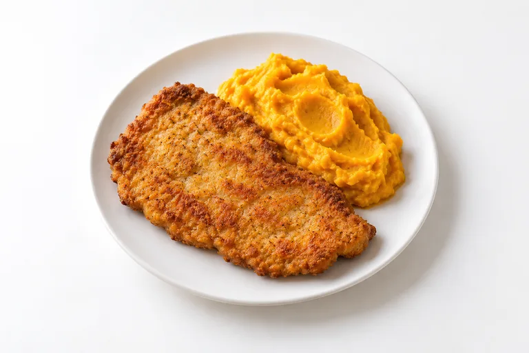 Milanesas de pollo con puré de zapallo. Sugerencia ilustrativa de presentación en plato.