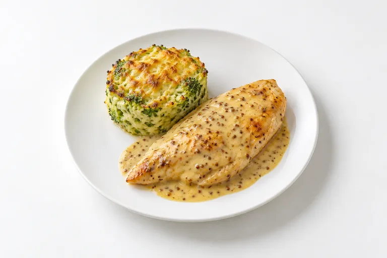 Pechuga a la mostaza con soufflé de brócoli. Sugerencia ilustrativa de presentación en plato.