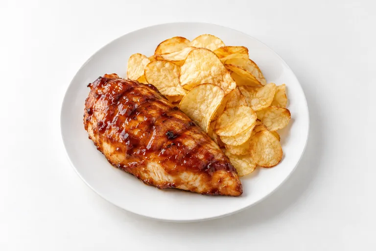 Pechuga a la barbacoa con chips de papa. Sugerencia ilustrativa de presentación en plato.