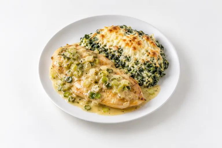 Pechuga al verdeo con espinaca gratinada. Sugerencia ilustrativa de presentación en plato.
