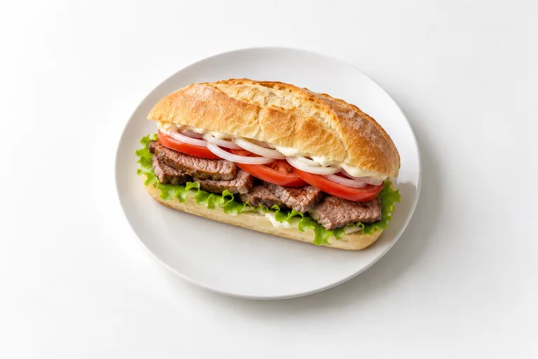 Sándwich de lomo. Sugerencia ilustrativa de presentación en plato.