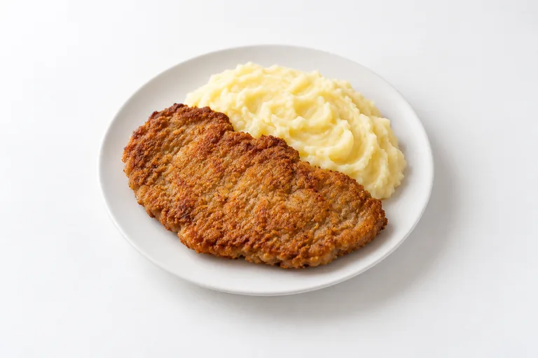 Milanesas de peceto con puré. Sugerencia ilustrativa de presentación en plato.