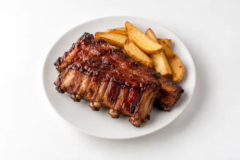 Costillas a la barbacoa y miel. Sugerencia ilustrativa de presentación en plato.