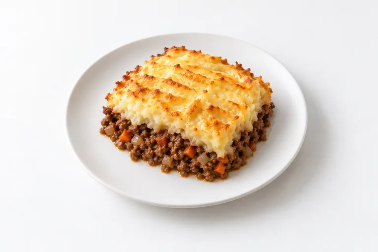 Pastel de carne. Sugerencia ilustrativa de presentación en plato.