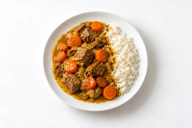 Carne al curry con zanahorias glaseadas. Sugerencia ilustrativa de presentación en plato.