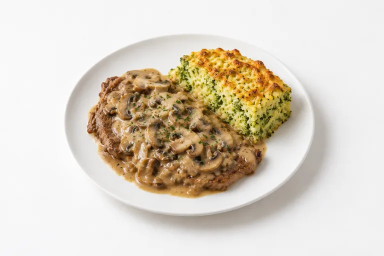 Carne al champiñón con soufflé de brócoli. Sugerencia ilustrativa de presentación en plato.