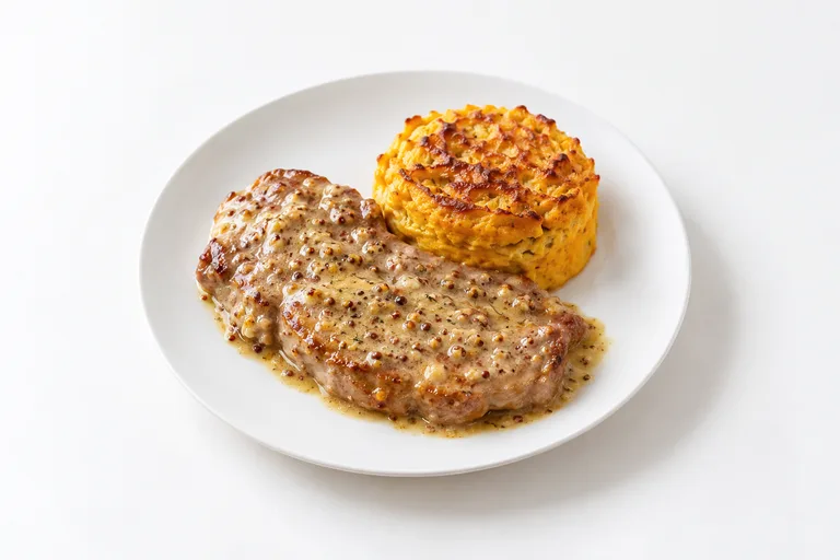 Bondiola a la mostaza con soufflé de calabaza. Sugerencia ilustrativa de presentación en plato.