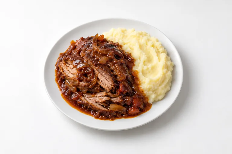 Bondiola a la barbacoa con puré de papas. Sugerencia ilustrativa de presentación en plato.