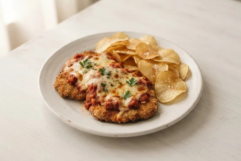 Milanesas de soja napolitana con chips. Sugerencia ilustrativa de presentación en plato.