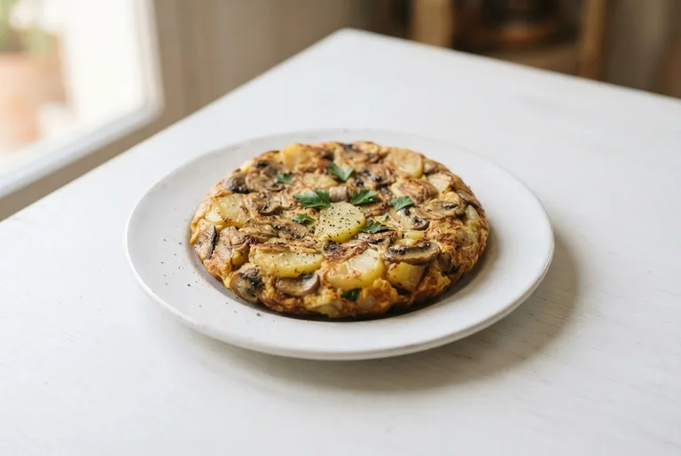 Tortilla de papa y champiñones. Sugerencia ilustrativa de presentación en plato.