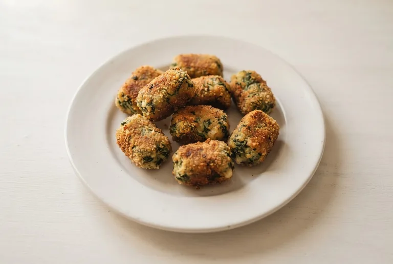 Croquetas de espinaca, ricota y queso. Sugerencia ilustrativa de presentación en plato.