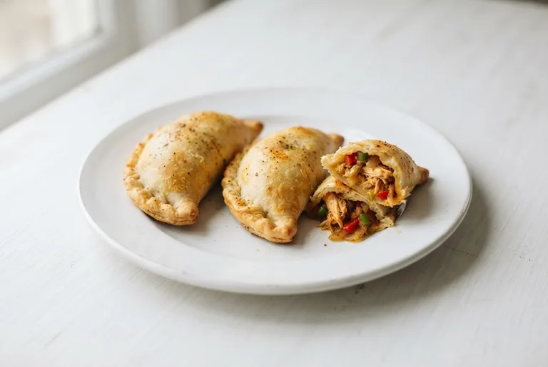 Empanadas de pollo. Sugerencia ilustrativa de presentación en plato.