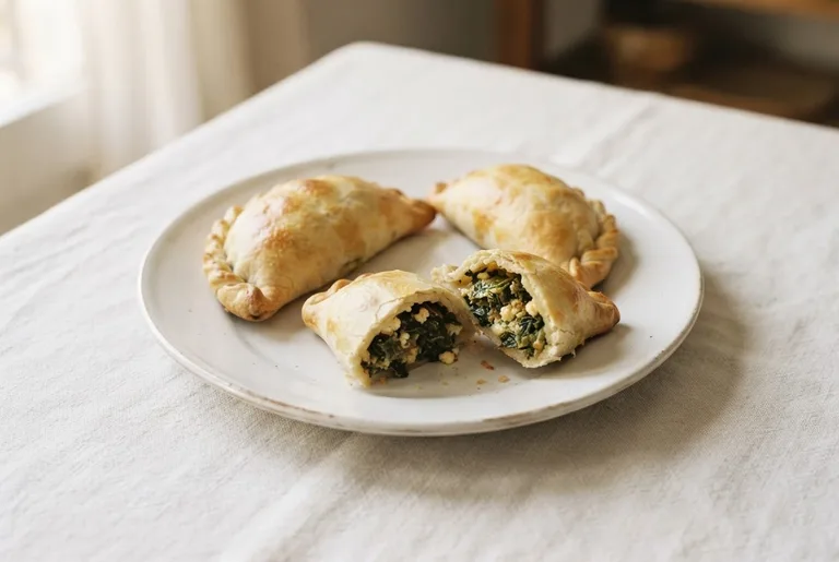 Empanadas de acelga. Sugerencia ilustrativa de presentación en plato.