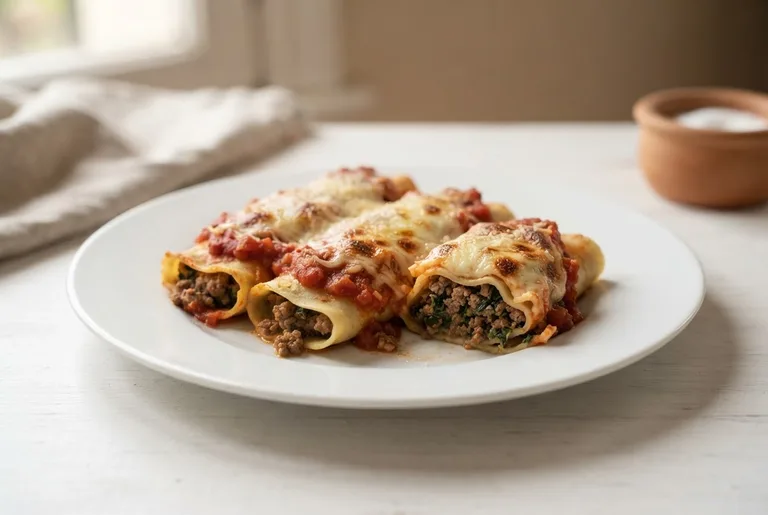 Canelones de espinaca y carne. Sugerencia ilustrativa de presentación en plato.