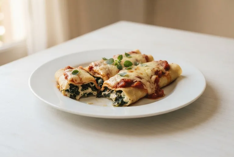 Canelones de acelga, tomate y queso. Sugerencia ilustrativa de presentación en plato.