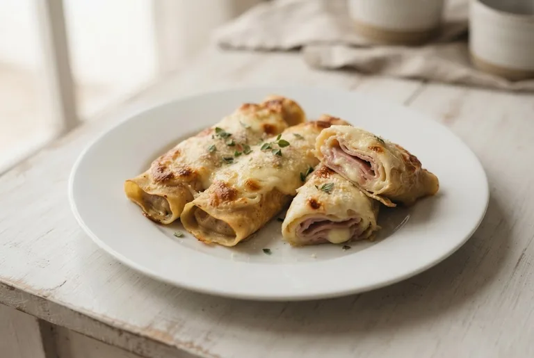 Canelones de jamón y queso. Sugerencia ilustrativa de presentación en plato.