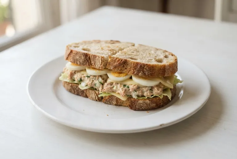 Sándwich de atún, huevo y queso. Sugerencia ilustrativa de presentación en plato.