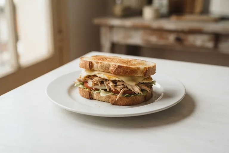 Sándwich de pollo, huevo y queso. Sugerencia ilustrativa de presentación en plato.